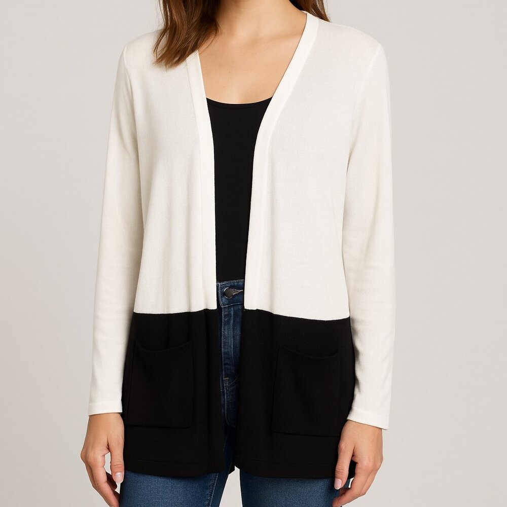J Jill wool blend white black Colorblock open front lightweight cardigan, sz M